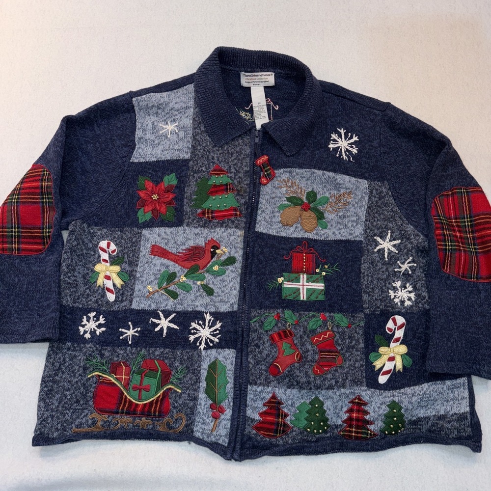 Zip Front Christmas Sweater by Tiara‎ International Women's Size 3X Embroidered